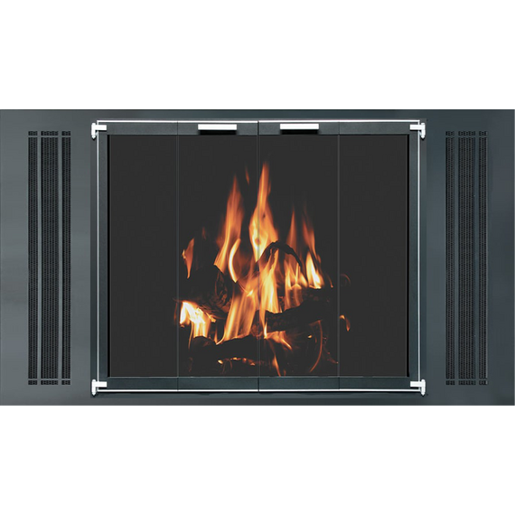 Mark 123 Fireplace Facing With Doors And Side Vents In Matte Black Finish with STO1511 louver design and Chrome Trim
