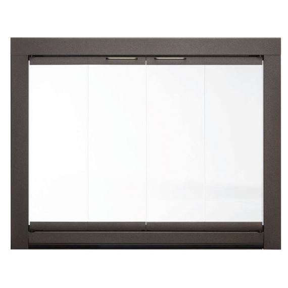 Piccolo Custom Masonry Fireplace Door Overlap Fit In Solar Bronze Finish - Shown with Bottom Draft