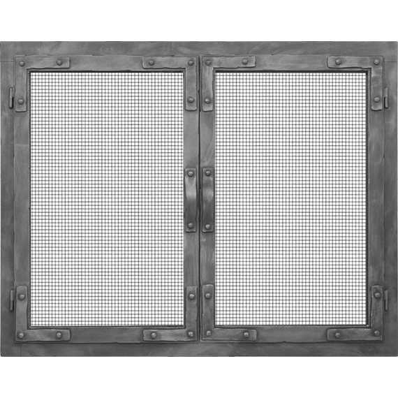 Old world masonry fireplace door shown with clear tempered glass, mesh cabinet doors, and clear natural finish.