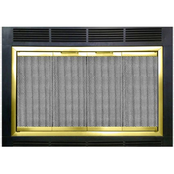 Installed Polished Brass Sunrise Zero Clearance Fireplace Door With OPTIONAL Mesh Curtain