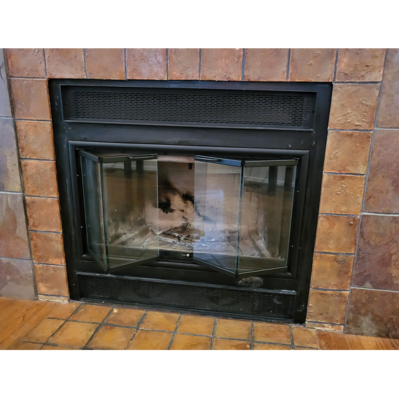 Matte Black Superior Fireplace with Full Fold Trackless BiFold Doors with Clear Tempered Glass