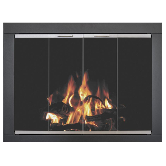 Belvedere Custom Masonry Fireplace Door Shown in Black Finish & Brite Nickel Doors