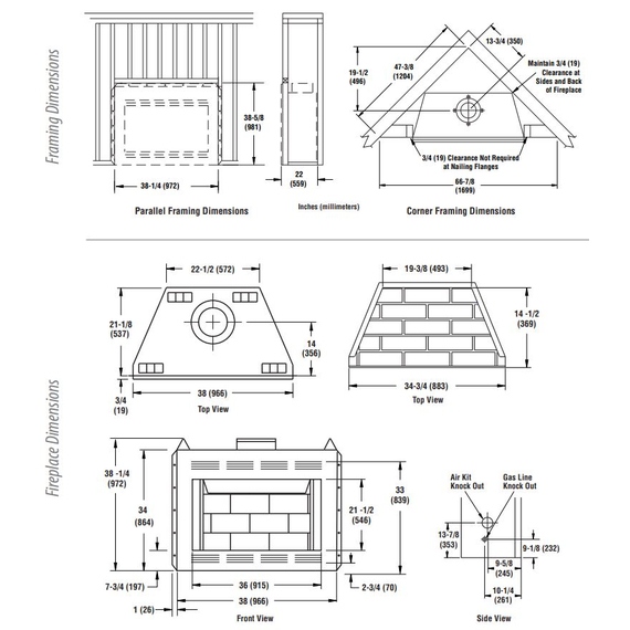 WCT2036 Wood Fireplace Dimensions