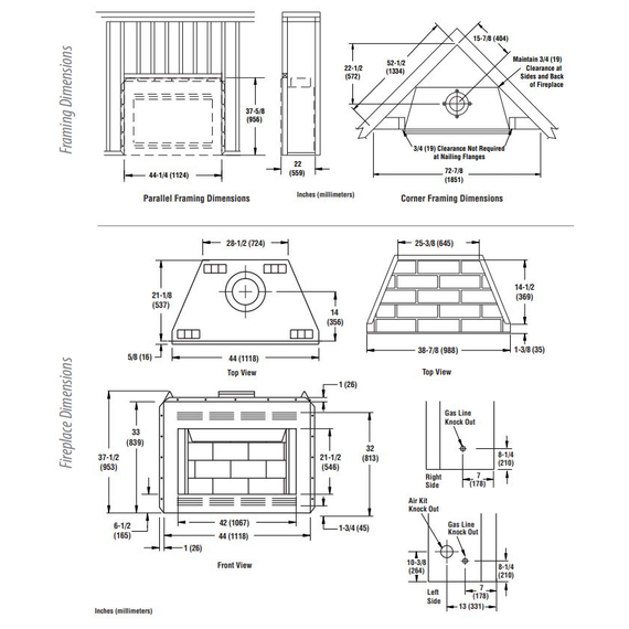 WCT2036 Wood Fireplace Dimensions