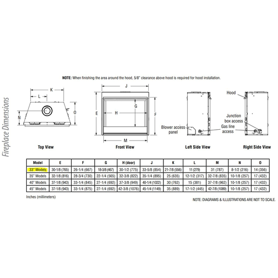 DRC2033 Direct Vent Gas Fireplace Overall Dimensions