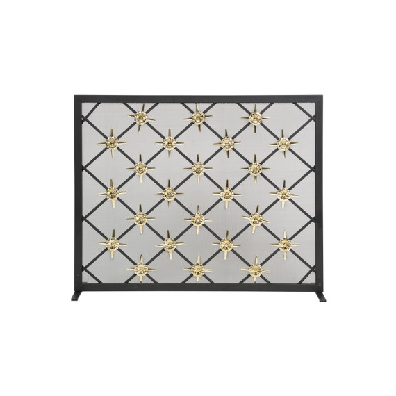 Panel Screen Black and Polished Brass Fireplace Star Design,  39"W x 31"H