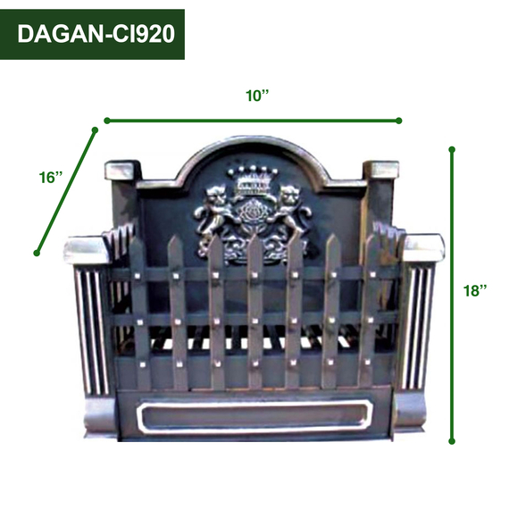 Black & Pewter Cast Iron Basket Grate With Fireback 16" Long x 10" Wide x 18" High Dimensions
