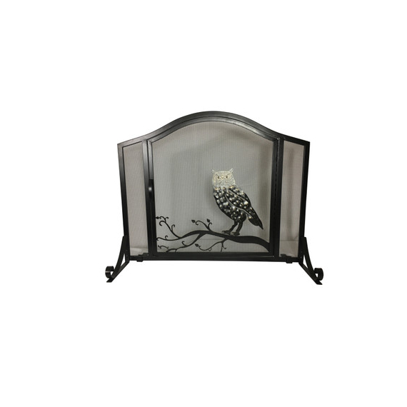 Arched panel screen black wrought iron with hand brushed brownze owl design, 31"H x 38"W