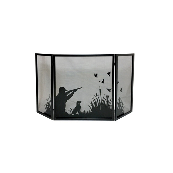 3 fold black iron screen with duck hunting design, 32" high and 57 3/4" wide