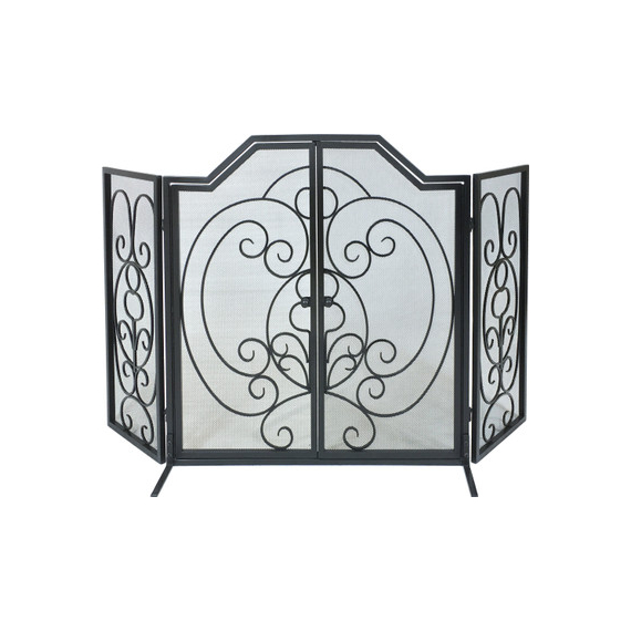 3 fold arched screen - black wrought iron with front door opens for easy to access to the fireplace