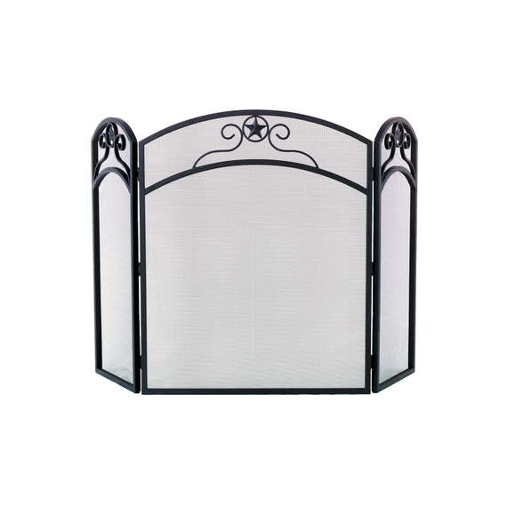 32" high x 51 3/4" wide, 3 fold black wrought iron arched screen with star design