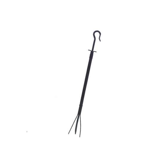 3-way tong with a hook at a top of handle. It's black iron.