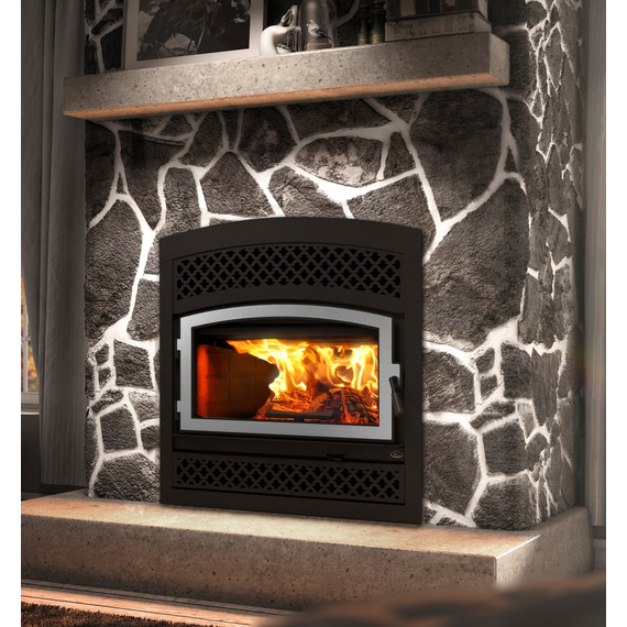 Valcourt LaFayette II Wood Fireplace with Brushed Nickel Door Overlay and Arabesque Style Faceplate Louver