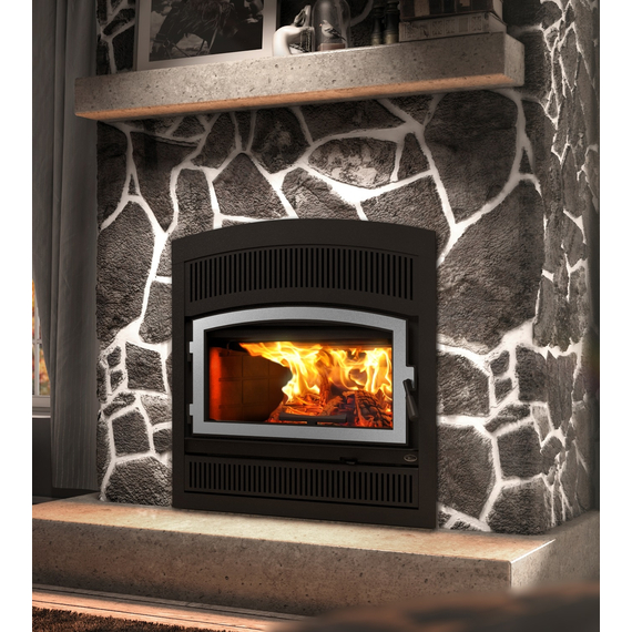 Valcourt LaFayette II Wood Fireplace with Brushed Nickel Door Overlay and Urban Style Faceplate Louver