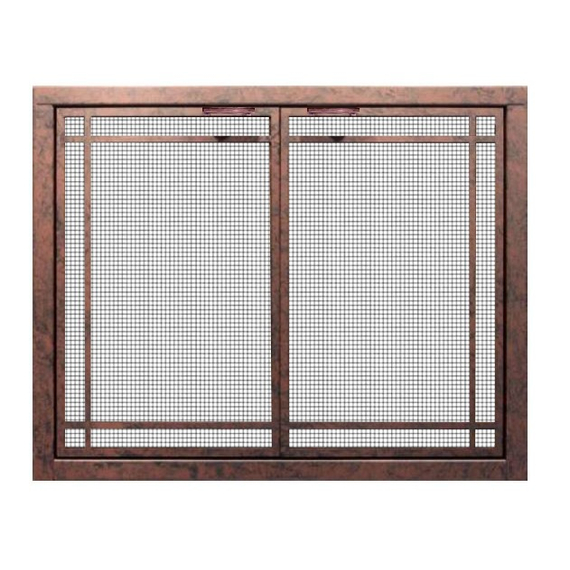 Prefab Gate Mesh Fireplace Door With Window Pane Design - No Glass Shown in Rust Patina and Window Pane Design