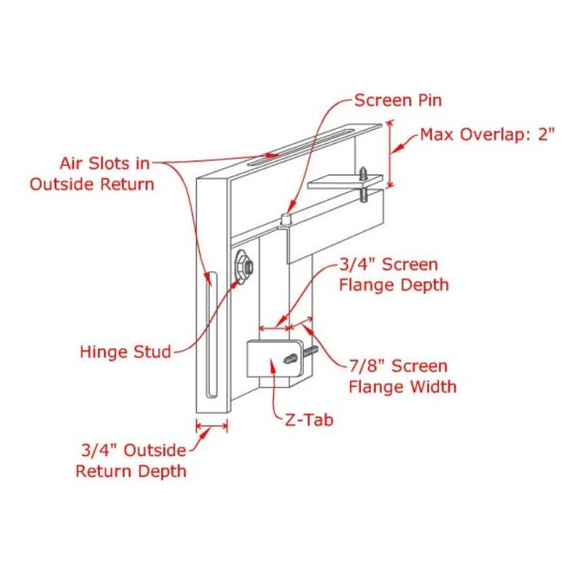 Masonry fireplace mesh door with window pane design - side profile