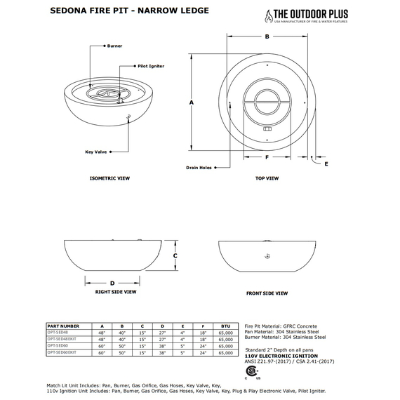 Sedona Narrow Ledge Concrete Fire Bowl Specifications