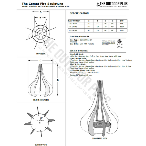 The Comet Fire Sculpture Corten Steel Spec Sheet