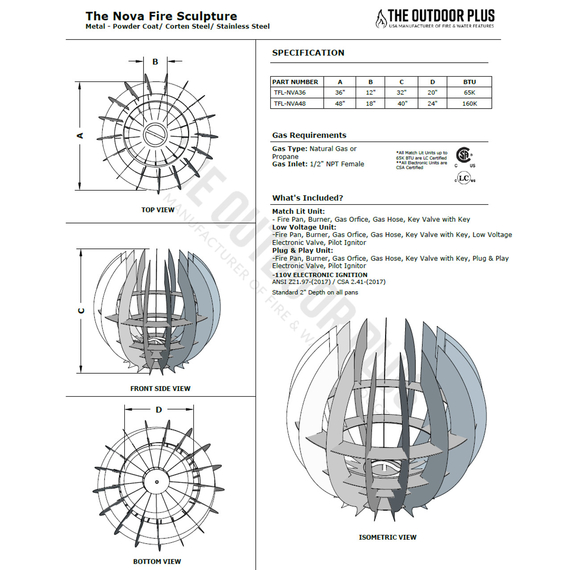 The Nova Fire Sculpture Corten Steel Spec Sheet