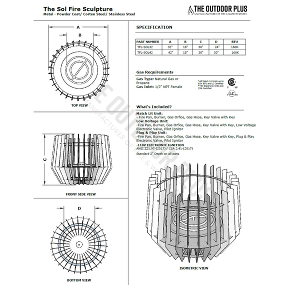 The Sol Fire Sculpture Corten Steel Spec Sheet