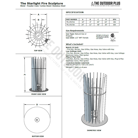 The Starlight Fire Sculpture Corten Steel Spec Sheet