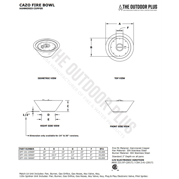Cazo Round Hammered Copper Fire Bowl Specifications