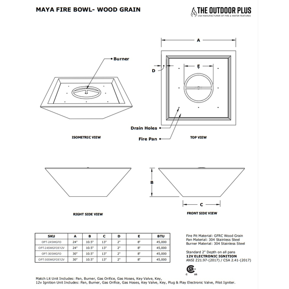 Maya Square Wood Grain Concrete Fire Bowl Spcifications
