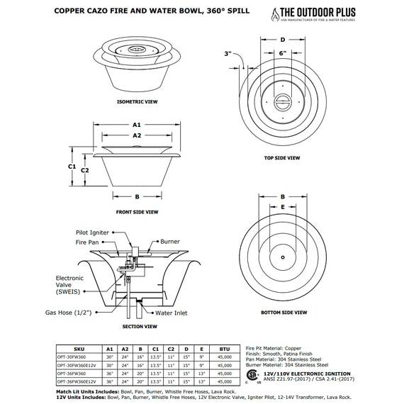 Cazo 360° Spill Copper Fire and Water Bowl Specifications