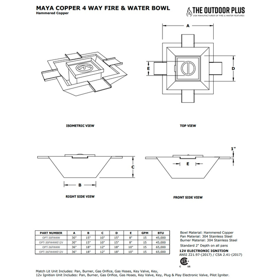 Maya 4-Way Spill Copper Fire and Water Bowl Specifications