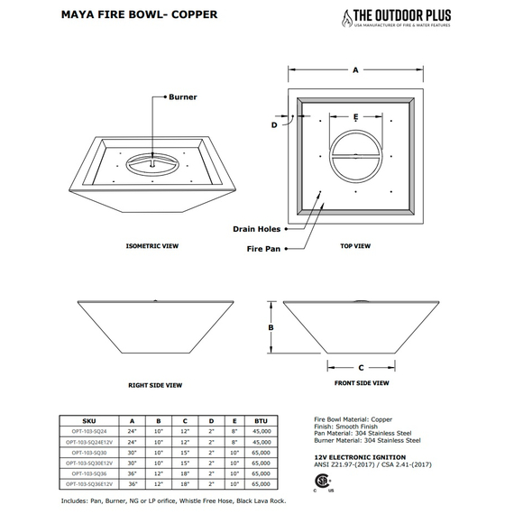 Maya Square Hammered Copper Fire Bowl Specifications
