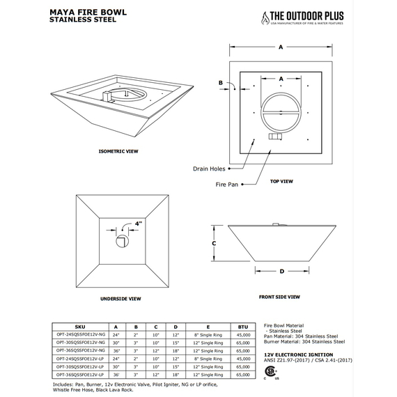 Maya Square Stainless Steel Fire Bowl Specifications