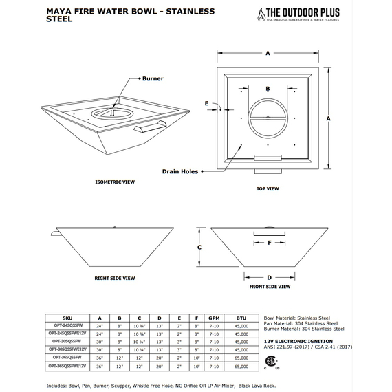 Maya Stainless Steel Fire and Water Bowl Specifications