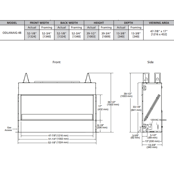 Outdoor Lifestyle Lanai 48" Outdoor Linear See-Through Gas Fireplace Actual Dimensions