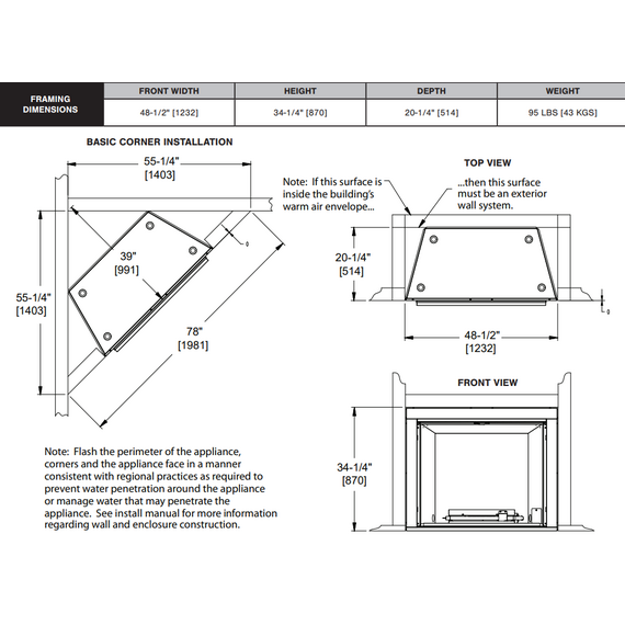 Outdoor Lifestyle Courtyard 42" Outdoor Gas Fireplace Framing Dimensions