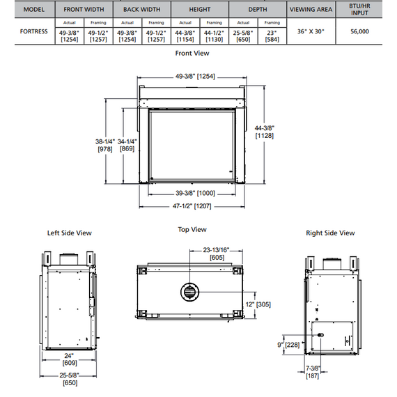 Outdoor Lifestyle Fortress 36" Indoor/Outdoor See-Through Gas Fireplace Actual Dimensions