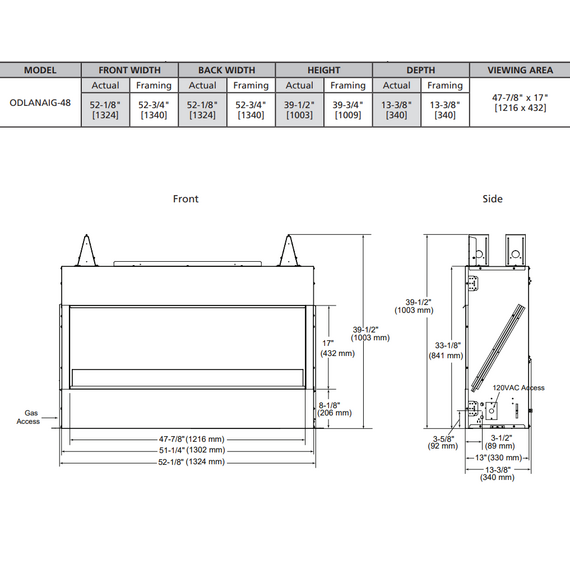 Outdoor Lifestyle Lanai 48" Outdoor Gas Fireplace Specifications