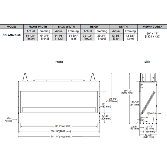 Outdoor Lifestyle Lanai 60" Outdoor Gas Fireplace Specifications