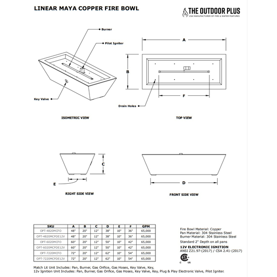 Maya Linear Stainless Steel Fire Bowl Specifications