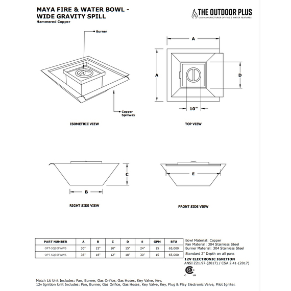 Maya Wide Gravity Spill Copper Fire and Water Bowl Specifications