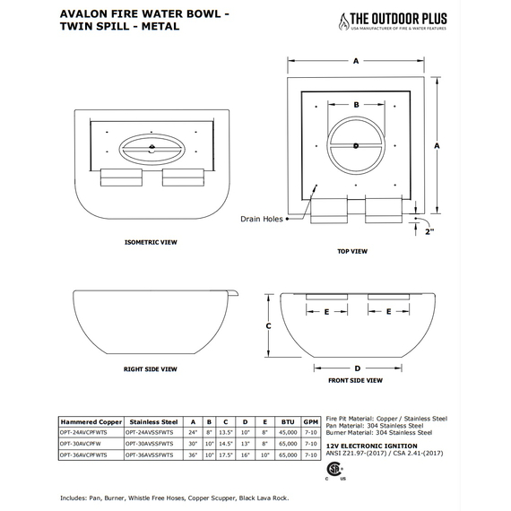 Avalon Twin Spill Stainless Steel Fire and Water Bowl Specifications