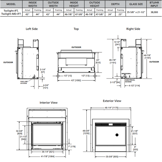 Outdoor Lifestyle Twilight 36" Indoor/Outdoor See-Through Gas Fireplace Actual Dimensions