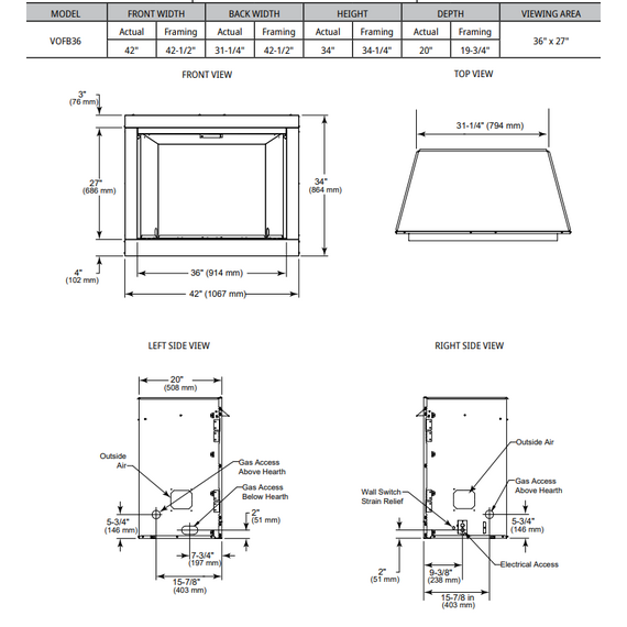 Outdoor Lifestyle Vesper 36" Herringbone Concrete Outdoor Gas Fireplace Actual Dimensions