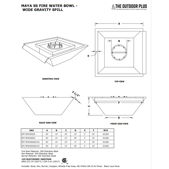 Maya Wide Gravity Spill Stainless Steel Fire and Water Bowl Specifications
