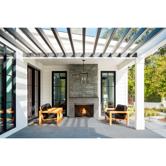 Courtyard outdoor 42" gas fireplace with premium gray herringbone refractory and high definition logs