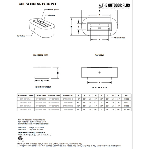Whitney L-Shaped Powder Coated Metal Fire Table Specifications