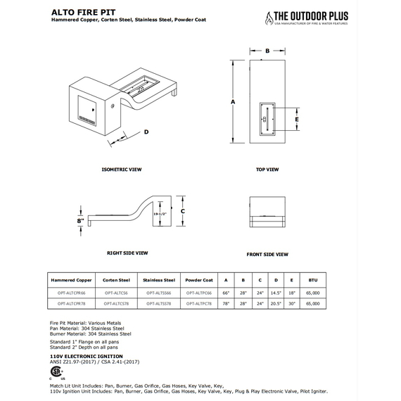 Alto Rectangular Hammered Copper Fire Pit Specifications