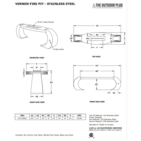 Vernon Oval Stainless Steel Fire Table Specifications