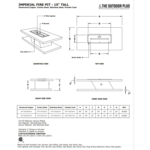 Imperial Rectangular 15" Tall Stainless Steel Fire Table Specifications