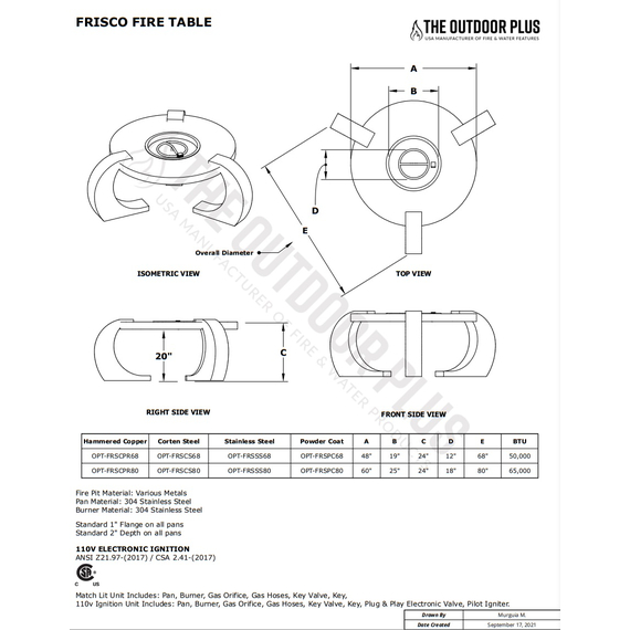 Frisco Round Hammered Copper Fire Table Specifications