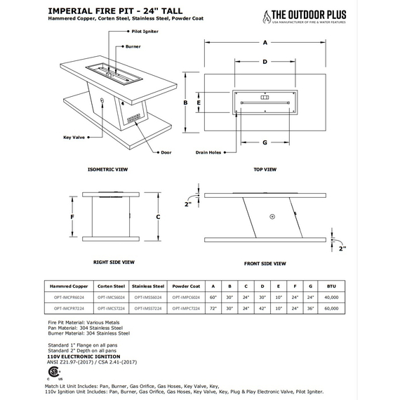 Imperial Rectangular 24" Tall Hammered Copper Fire Table Specifications